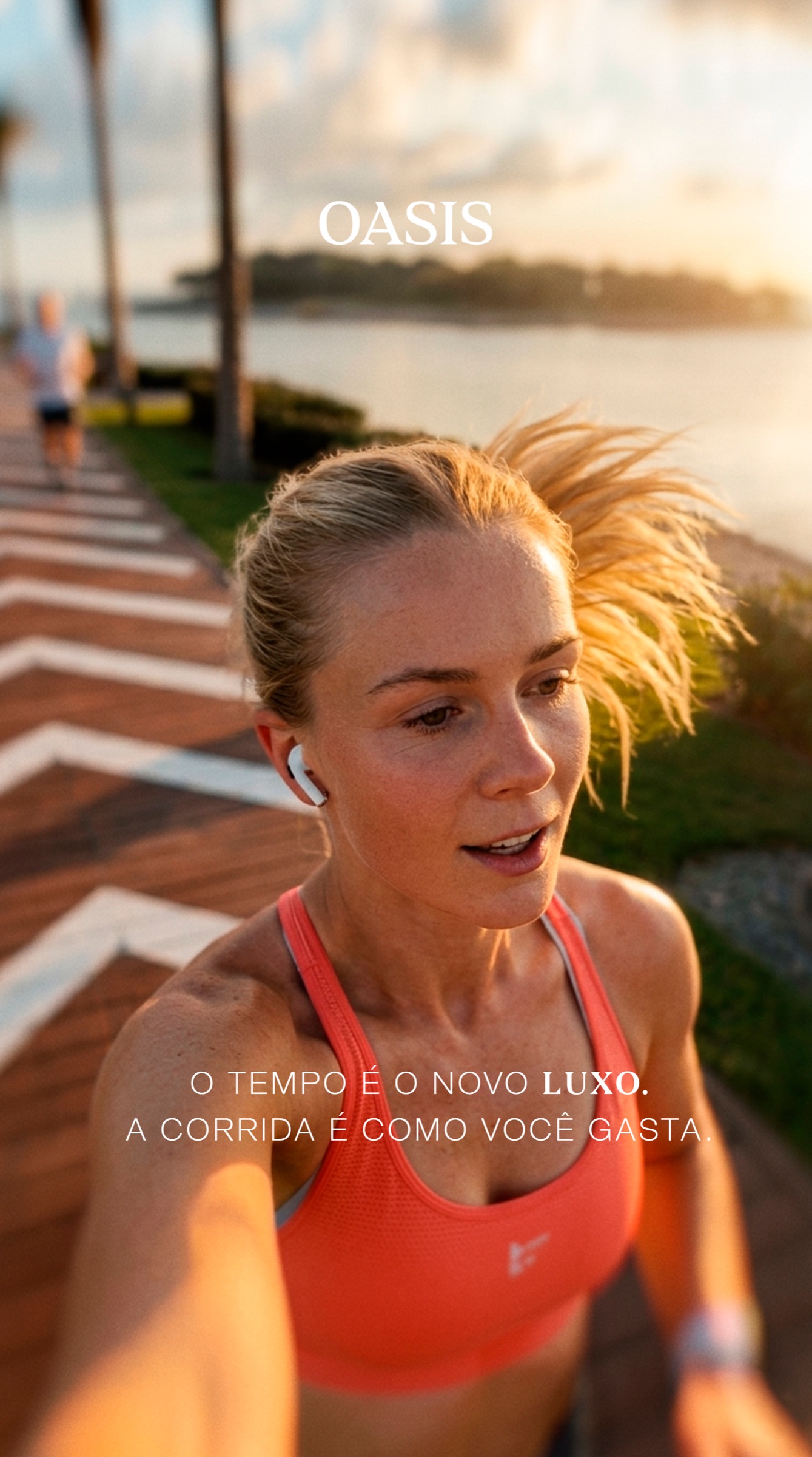 Peça campanha · corredora no calçadão · Alcance o seu melhor tempo